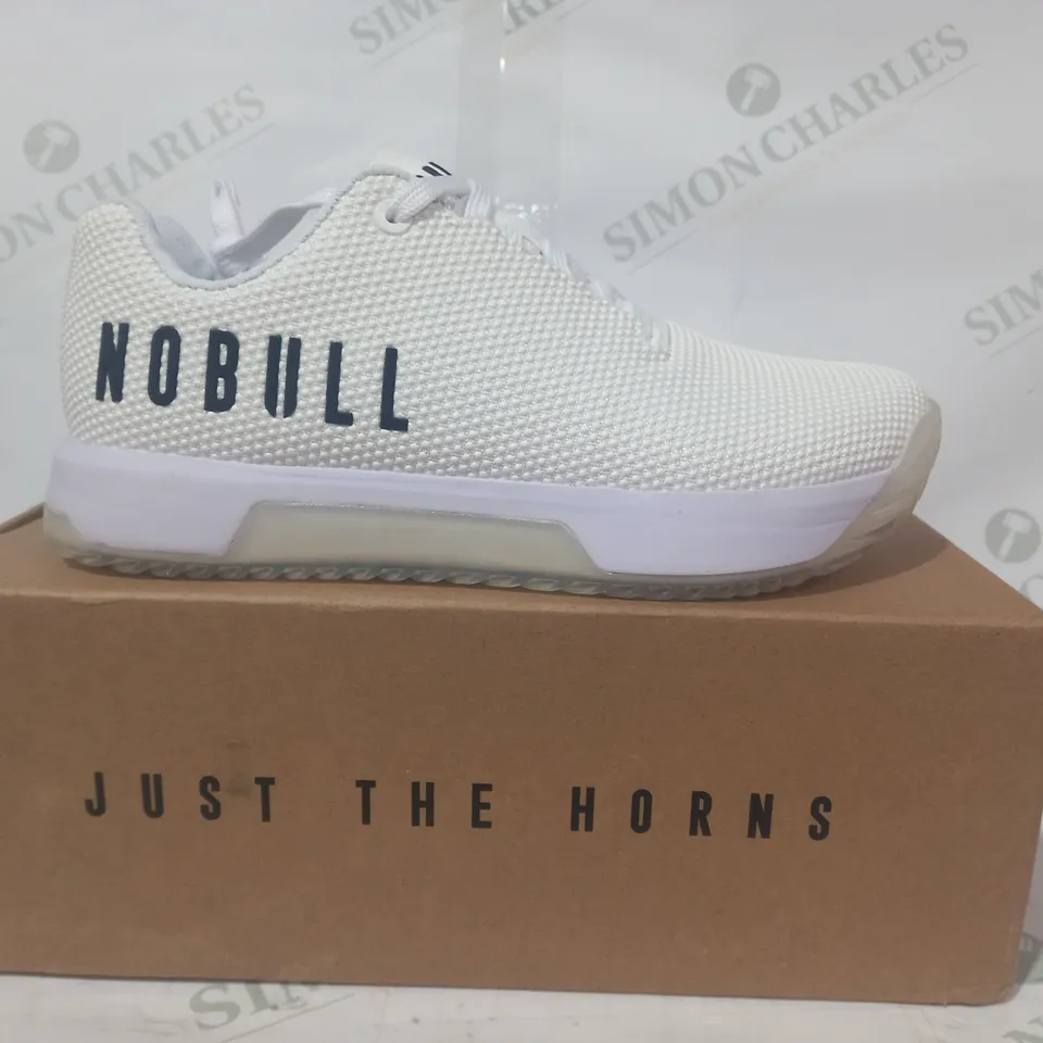 BOXED PAIR OF NOBULL SF TRAINERS IN WHITE UK SIZE 4.5