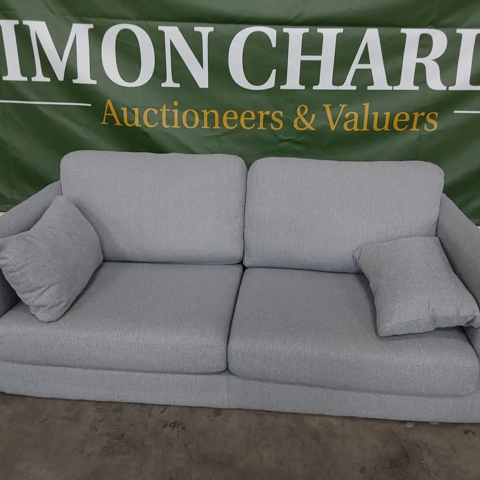 DESIGNER THREE SEATER SOFA WITH BOLSTER CUSHIONS GREY FABRIC 