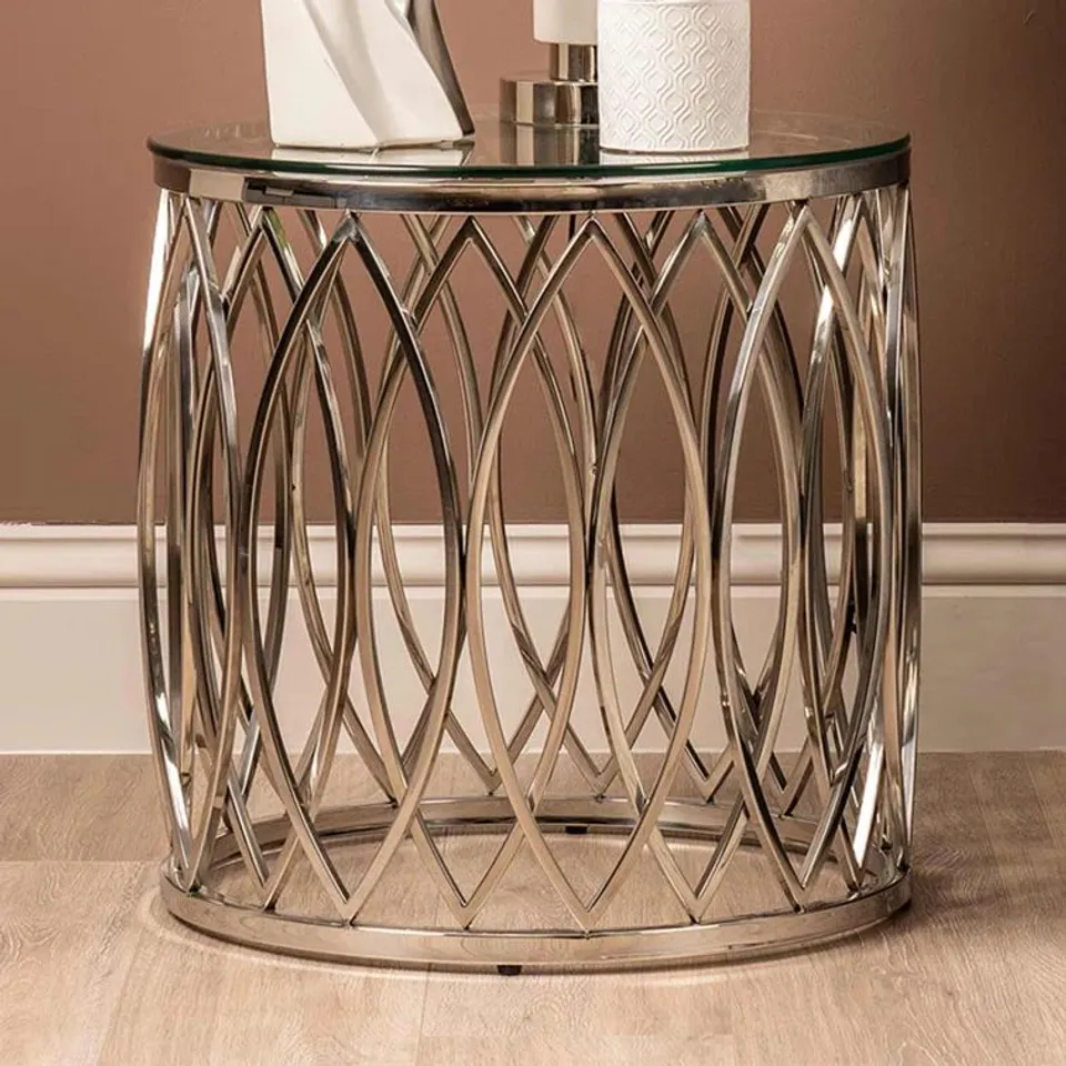 BOXED 51CM ROUND METAL END TABLE FOR LIVING ROOM, SOFA SIDE TABLE WITH GLASS TOP (2 BOXES)