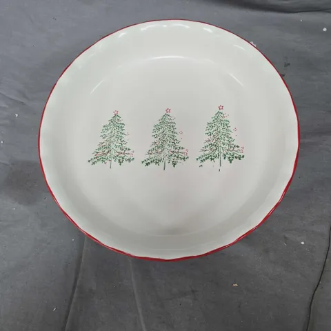 PRIMA DESIGN DINNER PLATE - WHITE WITH RED RIM AND THREE CHRISTMAS TREES (OVEN, MICROWAVE & DISHWASHER SAFE)
