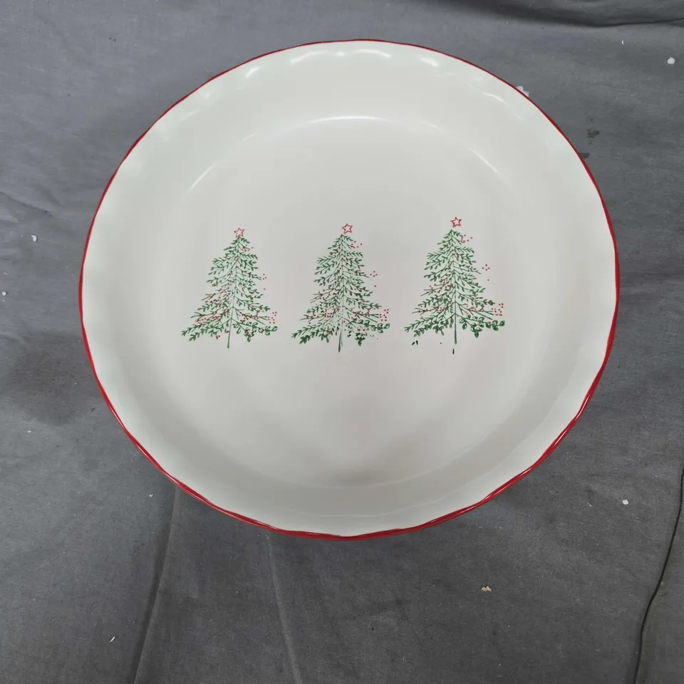 PRIMA DESIGN DINNER PLATE - WHITE WITH RED RIM AND THREE CHRISTMAS TREES (OVEN, MICROWAVE & DISHWASHER SAFE)