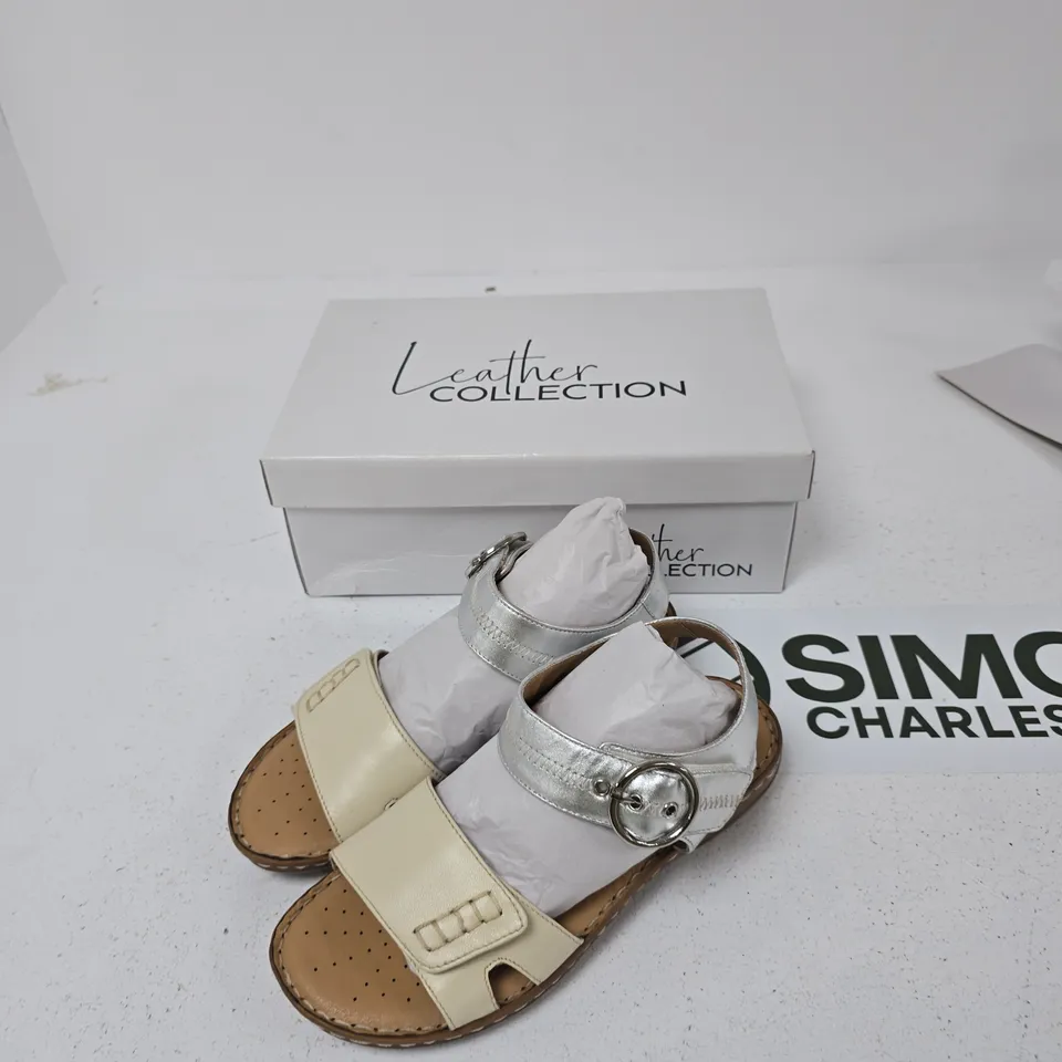 LEATHER COLLECTION NATASHA SANDALS – BEIGE LEATHER, SILVER ANKLE STRAP, UK SIZE 6