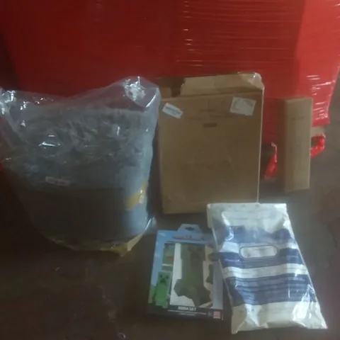 PALLET OF ASSORTED ITEMS INCLUDING FOLDING 2 STEP STOOL, CLOTHES HANGER, HOT WATER BOTTLE, CARPET