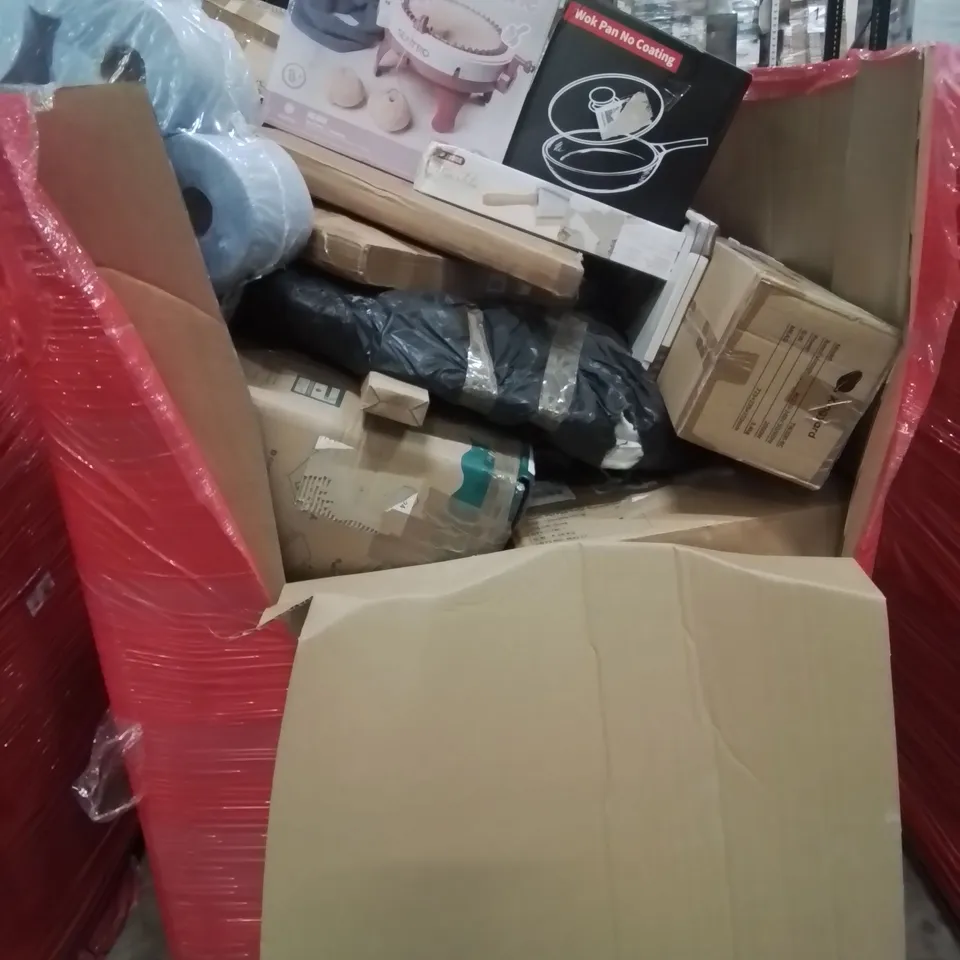 PALLET CONTAINING VARIOUS ASSORTED ITEMS TO INCLUDE: KNITTING MACHINE, ROLLING PIN, DERMOT HEATER, WOK PAN AND LOTS MORE UNMARKED BOXED ITEMS 