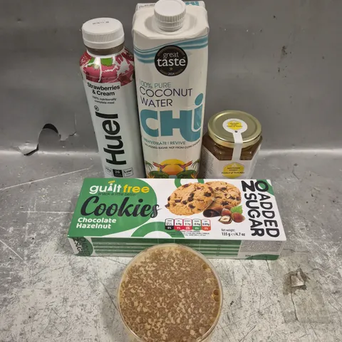 APPROXIMATELY 10 ASSORTED FOOD/DRINK PRODUCTS TO INCLUDE GUILT FREE COOKIES, YORKSHIRE HONEY, COCONUT WATER ETC