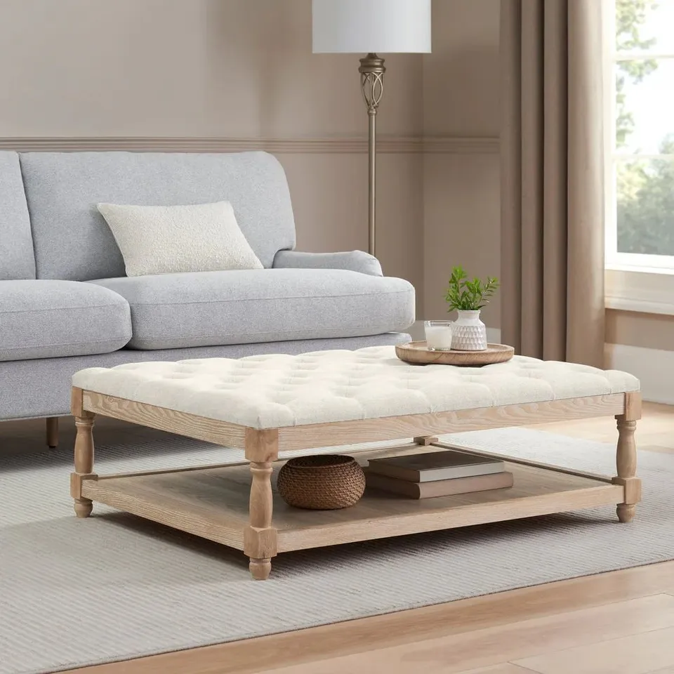 BOXED DUSK KNARESBOROUGH BUTTON BACK COFFEE TABLE POUFFE - CHENILLE IVORY (1 BOX)