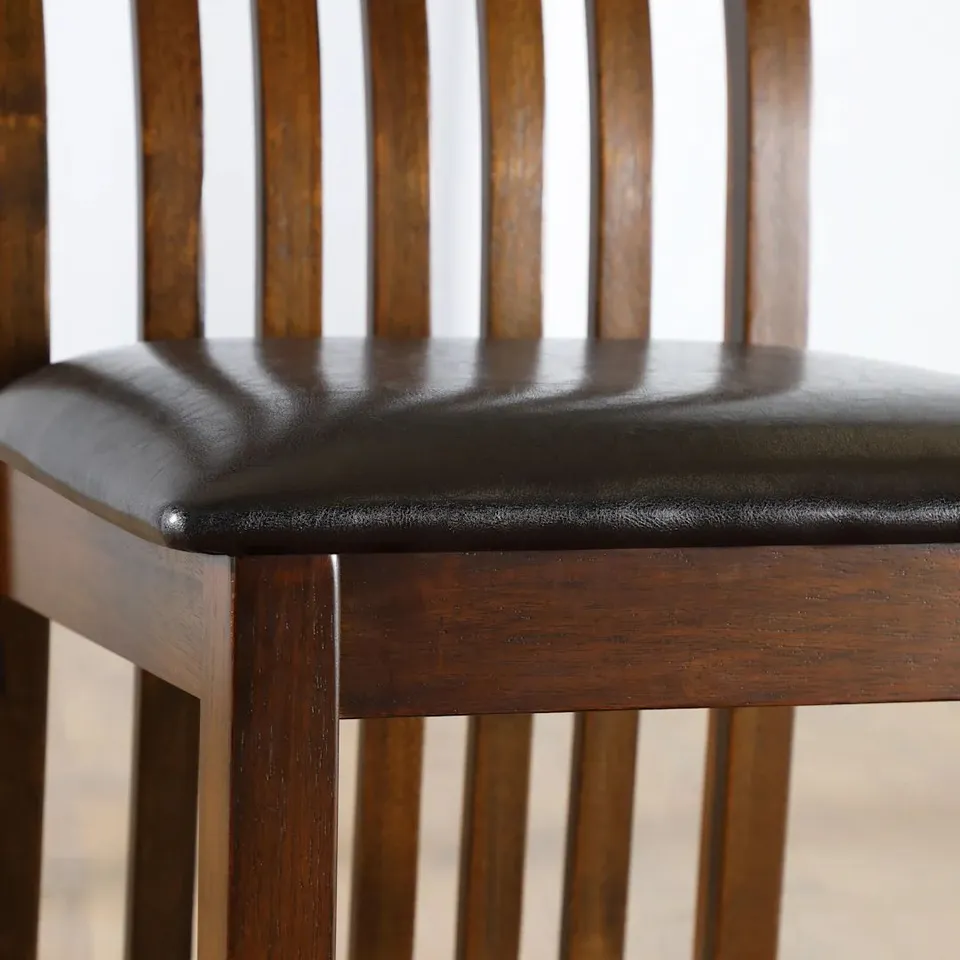 BOXED JAVA DARK WOOD DINING CHAIR, BROWN LEATHER SEAT PAD (1 BOX)