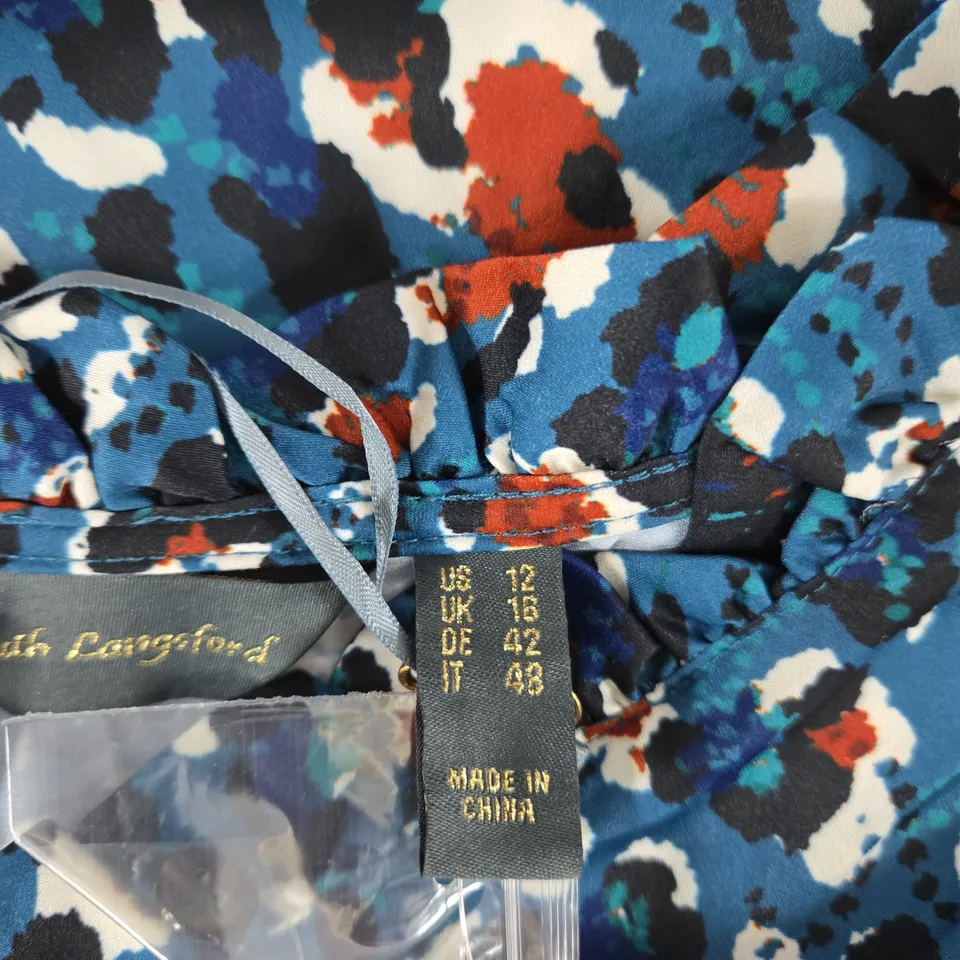 RUTH LANGSFORD WOMEN'S TOP – BLUE ABSTRACT PRINT, UK 16 (US 12)