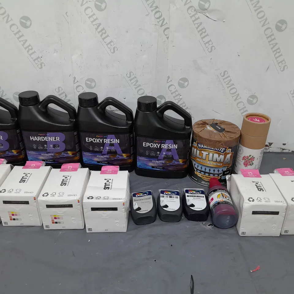 TOTE OF APPROX 10 HOUSEHOLD ITEMS TOO INCLUDE HARDENER, EPOXY RESIN, SMOL WASHING UP LIQUID, AND DULUX ARCTIC PEBBLE ETC. 