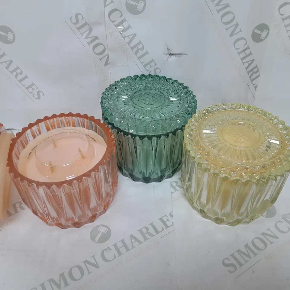 THREE GLASS THREE WICK CANDLES WITH LIDS