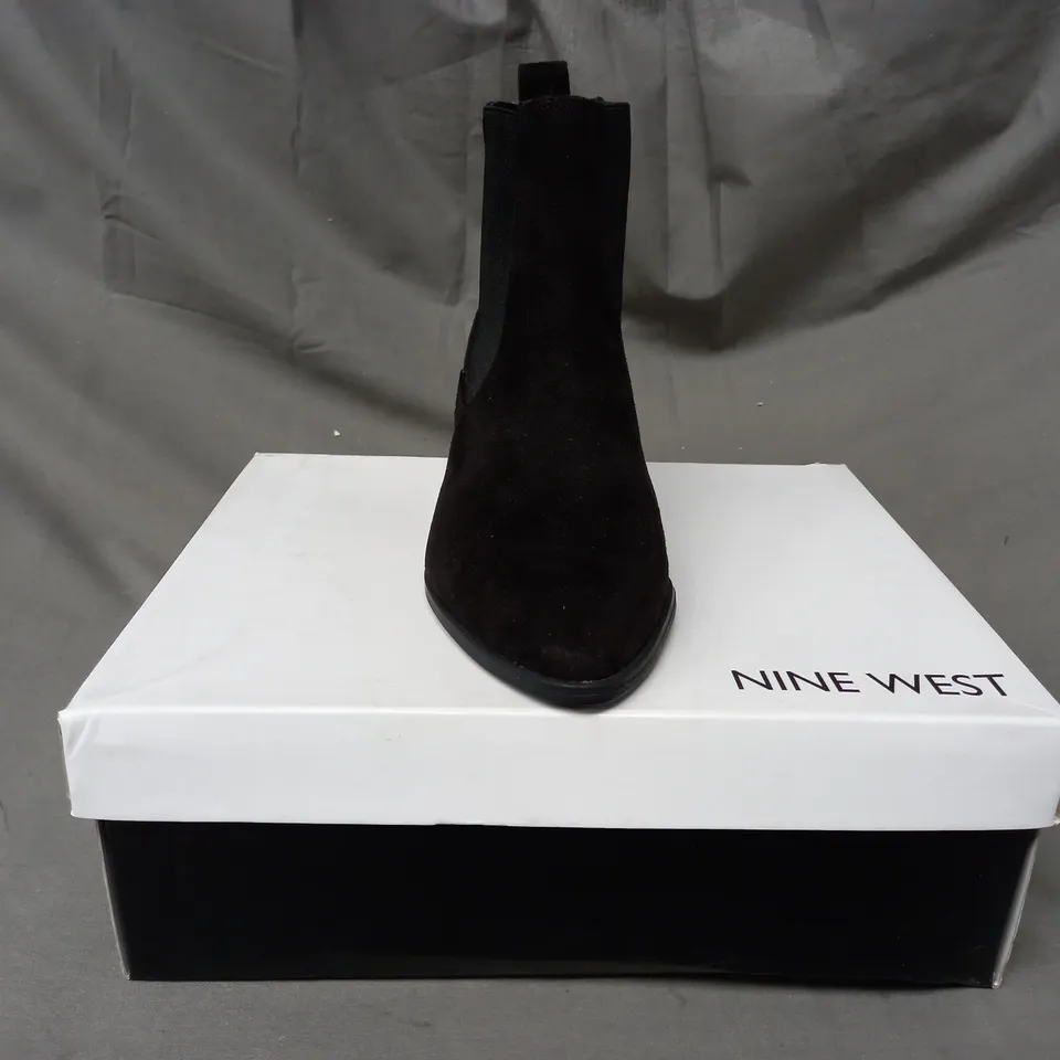 BOXED PAIR OF NINE WEST TAY SUEDETTE ANKLE BOOTS IN BLACK EU SIZE 35