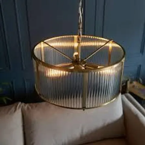 BOXED ENDON RIDGETON 3 LIGHT CEILING PENDANT LIGHT IN ANTIQUE BRASS WITH RIBBED GLASS
