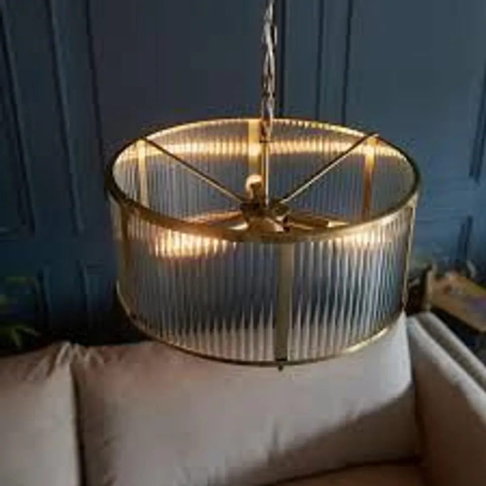 BOXED ENDON RIDGETON 3 LIGHT CEILING PENDANT LIGHT IN ANTIQUE BRASS WITH RIBBED GLASS