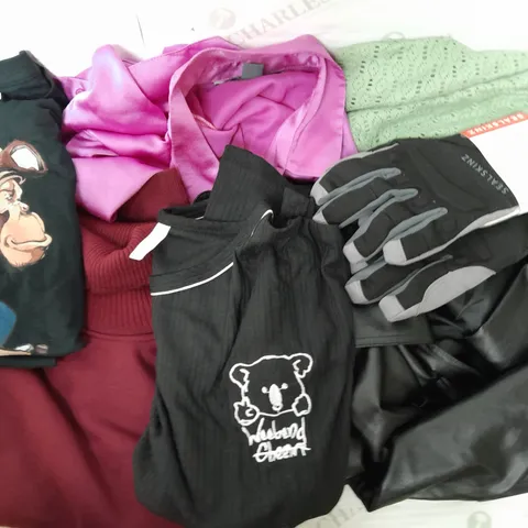 LARGE BOX OF ASSORTED CLOTHING ITEMS IN VARIOUS COLOURS AND SIZES INCLUDING TROUSERS , TOPS AND JUMPERS