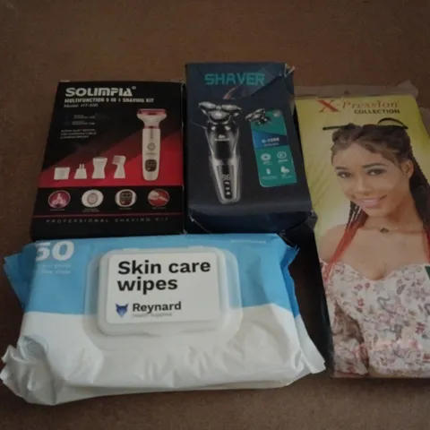 APPROXIMATELY 10 ASSORTED HEALTH & BEAUTY PRODUCTS TO INCLUDE SHAVER, HAIR EXTENSIONS, SKIN CARE WIPES, ETC