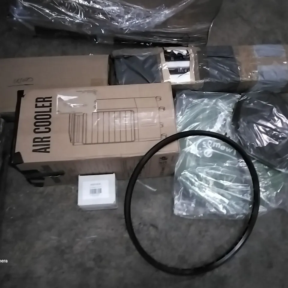 PALLET OF ASSORTED ITEMS INCLUDING AIR COOLER, BEACH TENT, AIRGENE, CAMPING CHAIR, SLIM TOWER BLADELESS FAN, FGNS UNIVERSAL CRADLE 