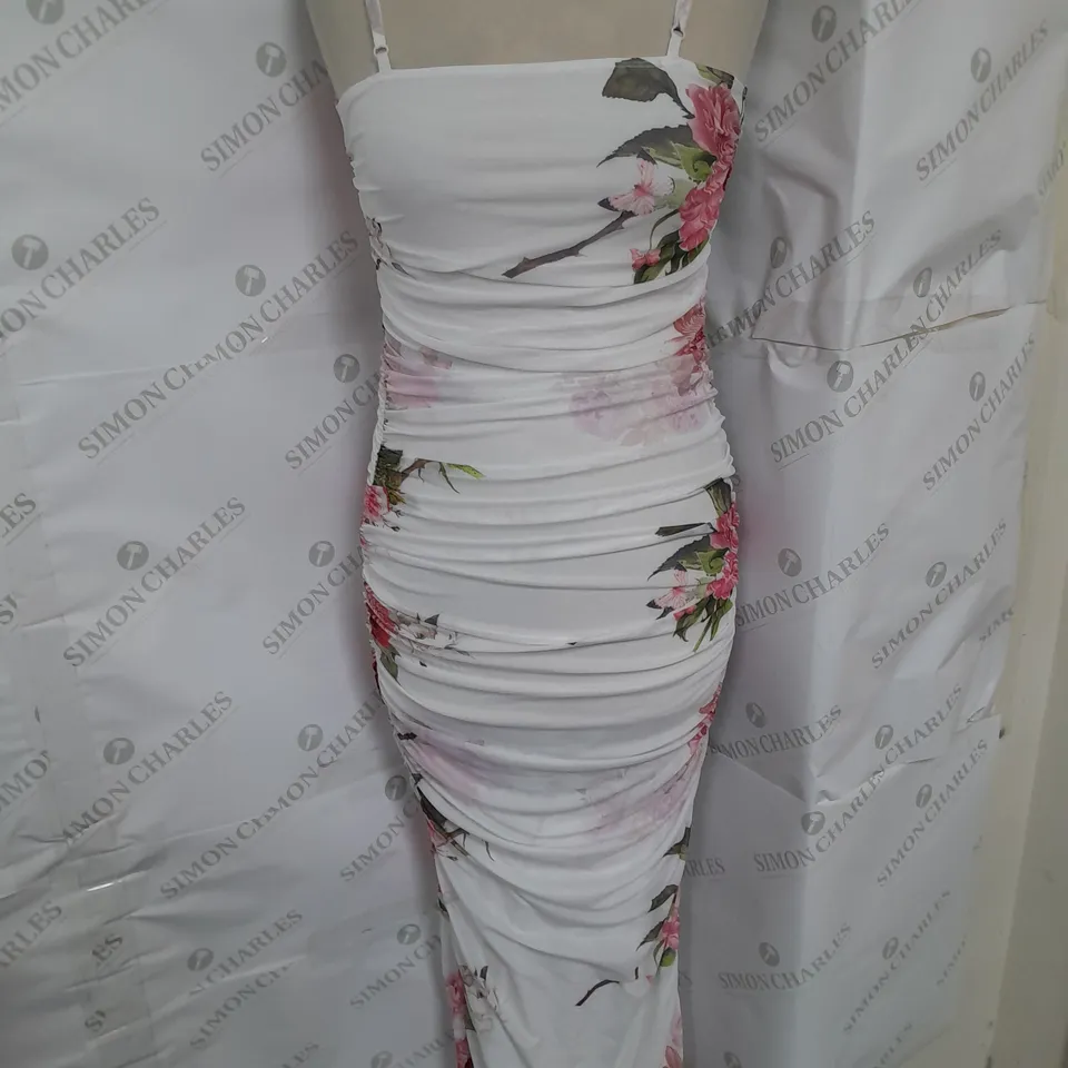 SHEIN 2-PIECE RUCHED BODYCON SPAGHETTI STRAP DRESS AND MESH LONG SHAWL IN WHITE FLORAL SIZE S