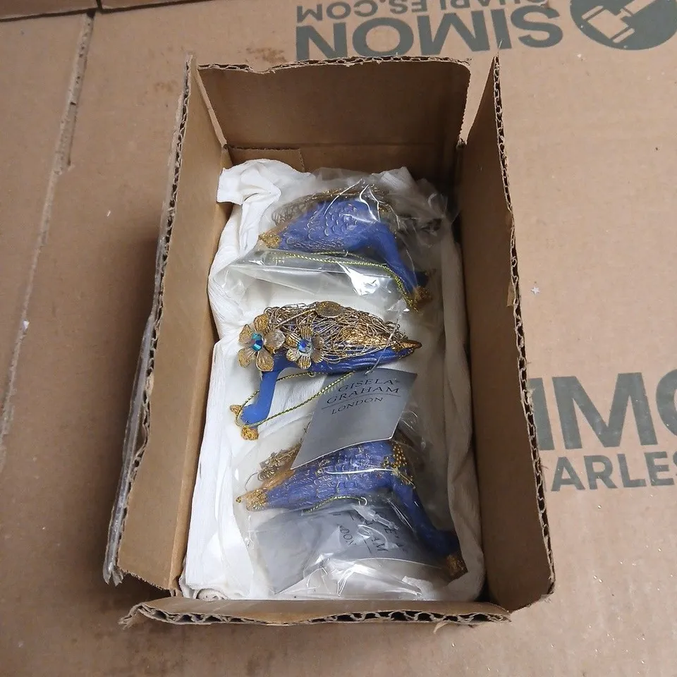 6 X GISELA GRAHAM BLUE AND GOLD GOOSE HANGING CHRISTMAS TREE DECORATION BOXED