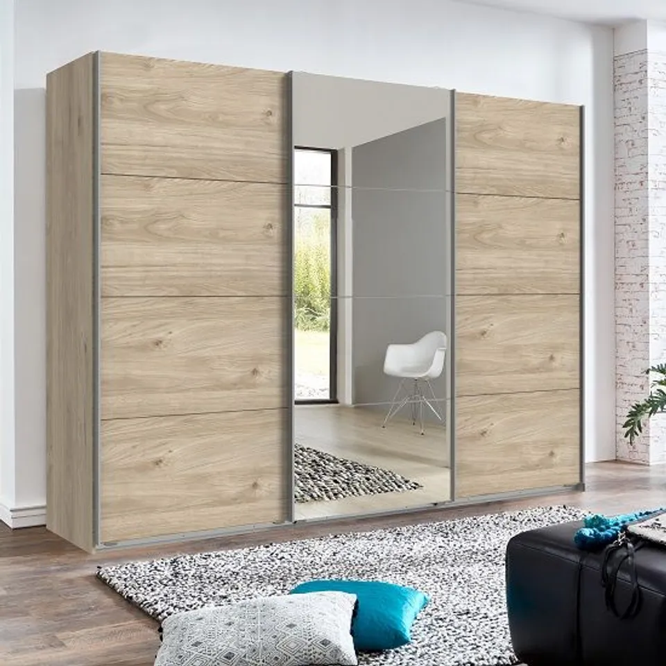 BRAND NEW BOXED CRATO MIRRORED SLIDING WARDROBE LARGE IN HICKORY OAK EFFECT (8 BOXES)