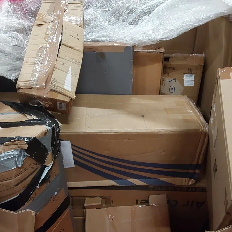 PALLET OF ASSORTED CONSUMER PRODUCTS TO INCLUDE: CHAMFERING MACHINE, OFFICE CHAIR, NESTING COFFEE TABLE, CHANDELIER, BED RAIL GUARD ECT