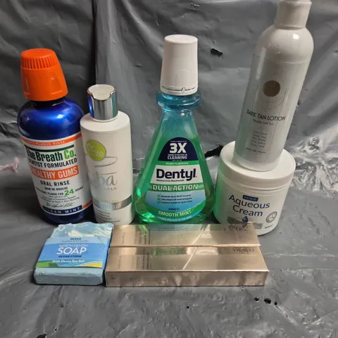 TOTE OF APPROXIMATELY 15 ASSORTED COSMETIC ITEMS TOO INCLUDE SOAPS, MOUTHWASH AND TAN LOTION