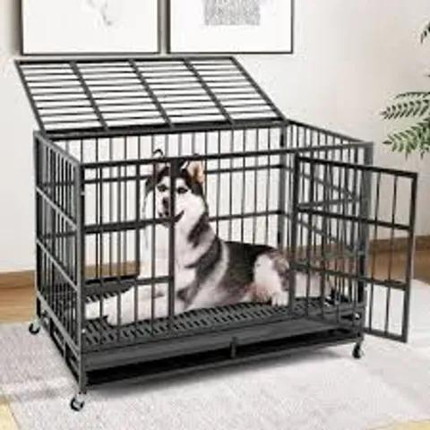 BOXED COSTWAY FOLDABLE DOG CAGE WITH 2 DOORS & WHEELS & PULL-OUT TRAY TRANSPORT CAGE TRANSPORT BOX - 120 X 76 X 90cm