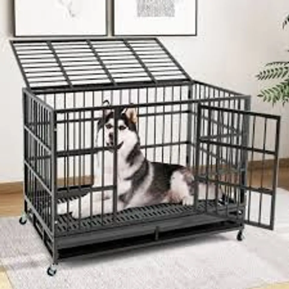 BOXED COSTWAY FOLDABLE DOG CAGE WITH 2 DOORS & WHEELS & PULL-OUT TRAY TRANSPORT CAGE TRANSPORT BOX - 120 X 76 X 90cm