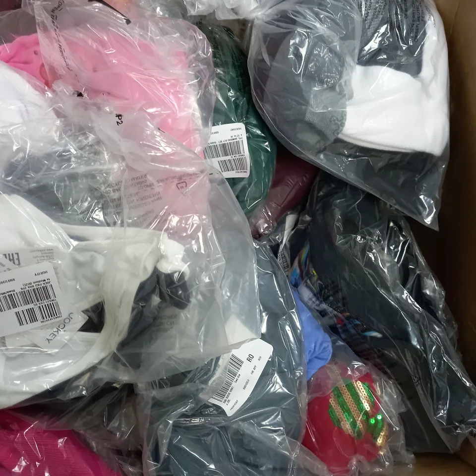 LARGE BOX OF APPROXIMATELY 35 CLOTHING ITEMS ALL IN DIFFRENT COLOURS AND SIZES 