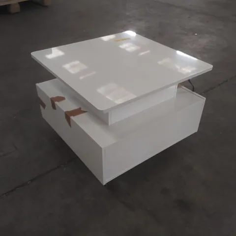 HIGH GLOSSY LIFT UP COFFEE TABLE WITH LED LIGHT STRING AND 2 DRAWERS, 60X60X45CM COLOUR: WHITE