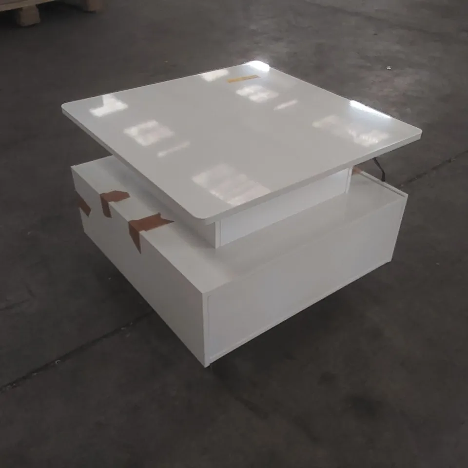 HIGH GLOSSY LIFT UP COFFEE TABLE WITH LED LIGHT STRING AND 2 DRAWERS, 60X60X45CM COLOUR: WHITE