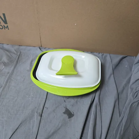 BOX OF ASSORTED HOUSEHOLD ITEMS INCLUDING LSA INTERNATIONAL WINE GLASS; LIME-GREEN LID STORAGE CONTAINER