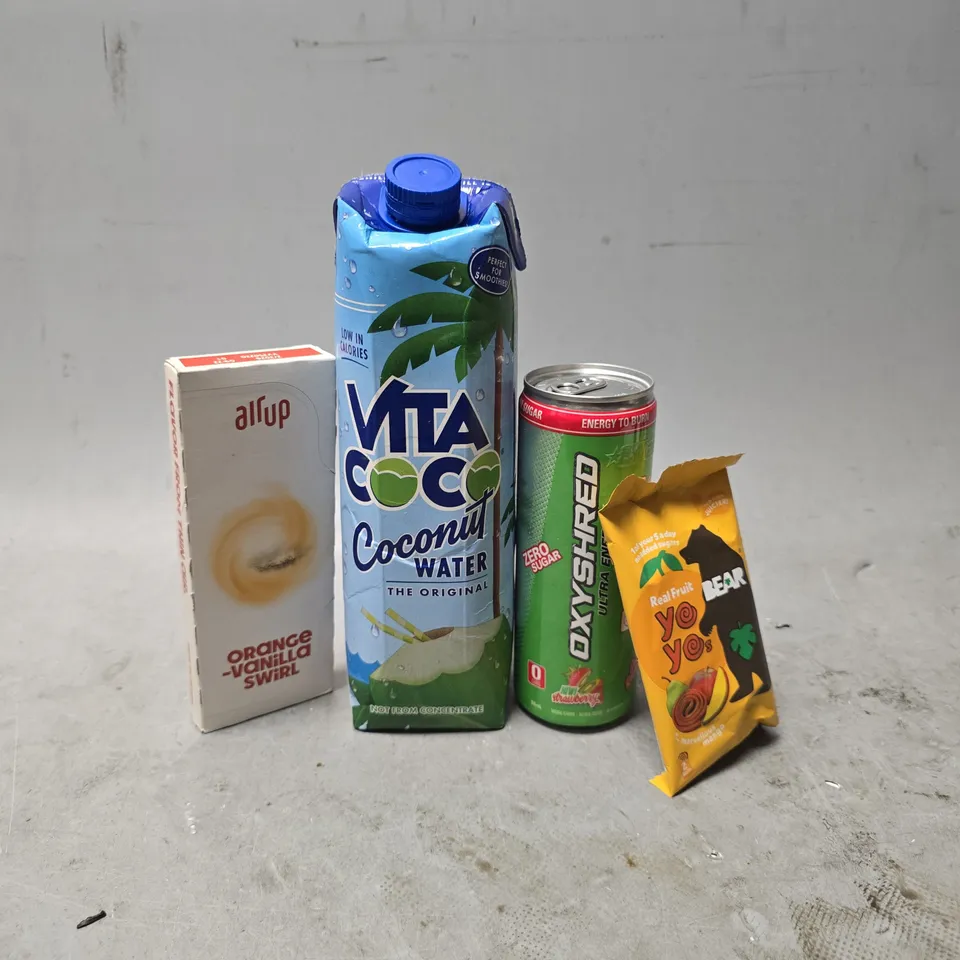 APPROXIMATELY 8 ASSORTED FOOD & DRINK ITEMS TO INCLUDE - VITA COCONUT WAER , AIRUP VANILLA SWIRL ETC