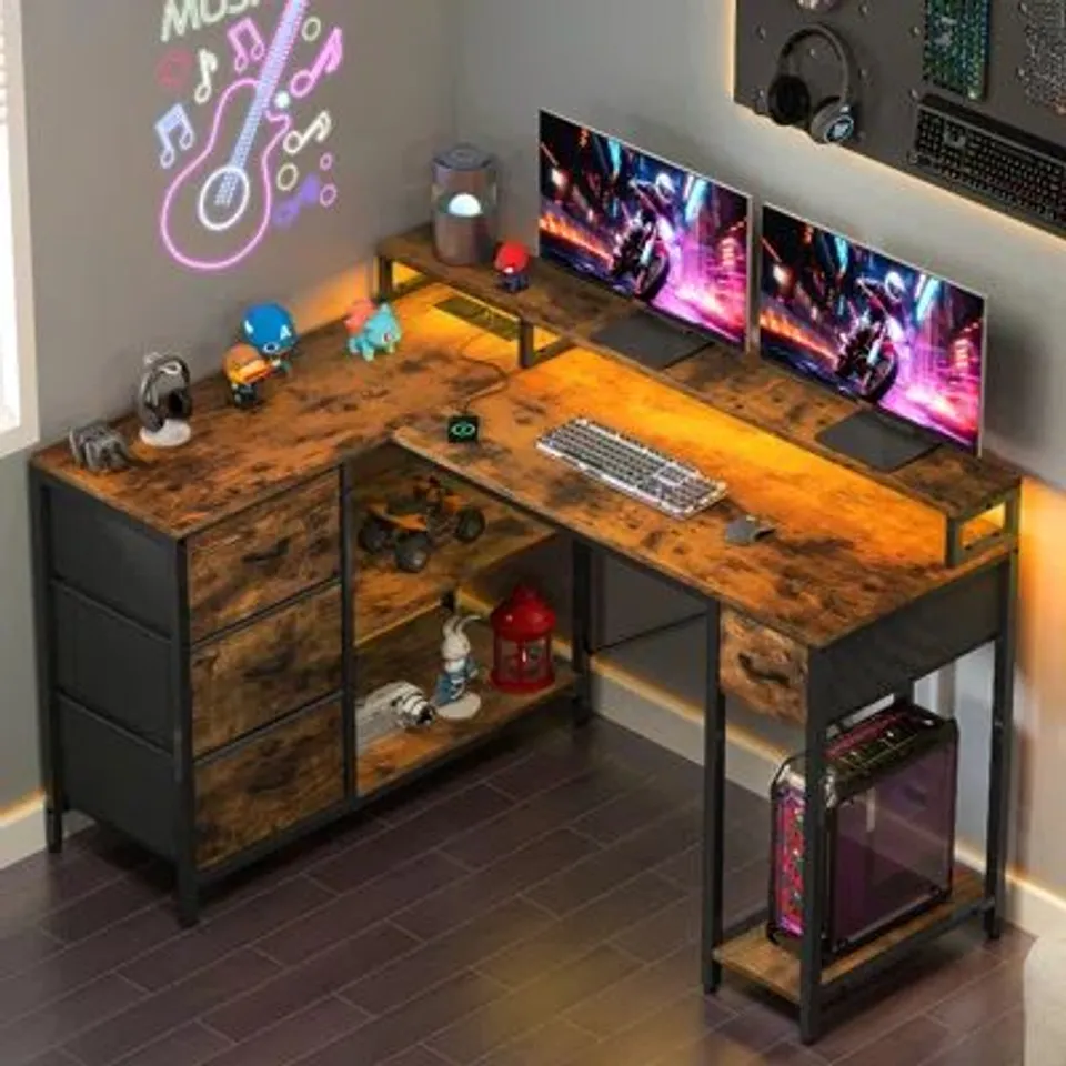 BOXED CORNER COMPUTER DESK WITH DRAWERS, L-SHAPED (1 BOX)