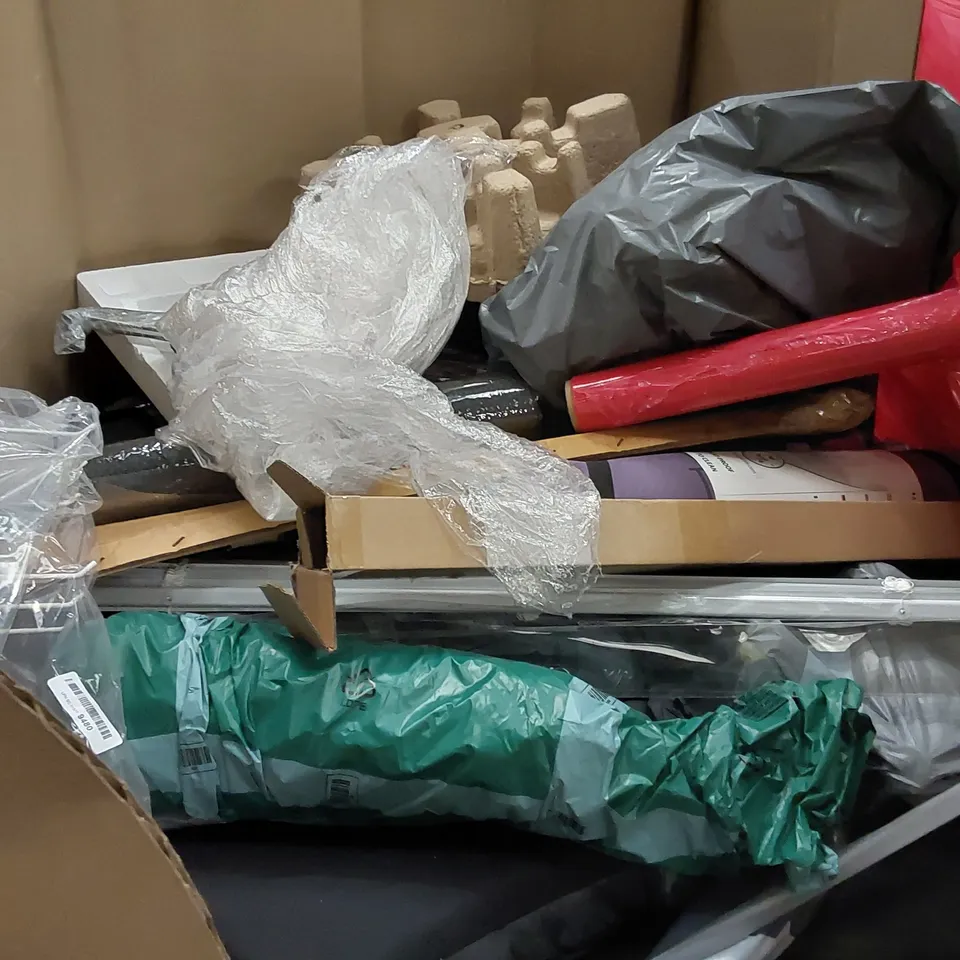 PALLET OF ASSORTED ITEMS INCLUDING: WEIGHT SET, UMBRELLA, RETRACTABLE SAFETY GATE, YOGA MAT, WALKING STICK