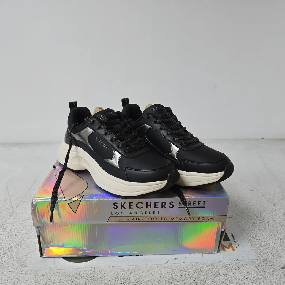 SKECHERS STREET SNEAKERS – BLACK WITH SILVER TRIM (BOXED) UK 5