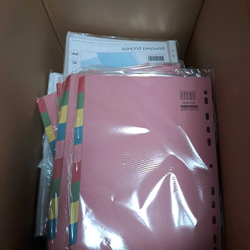 BOX OF ASSORTED OFFICE SUPPLIES TO INCLUDE X12 PAVO PUNCHED POCKETS AND X25 EASTLIGHT FOLDER DIVIDERS
