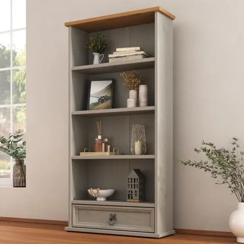 BOXED CORONA GREY 1 DRAWER DVD BOOKCASE RACK STORAGE BOOKCASE - MEXICAN SOLID PINE