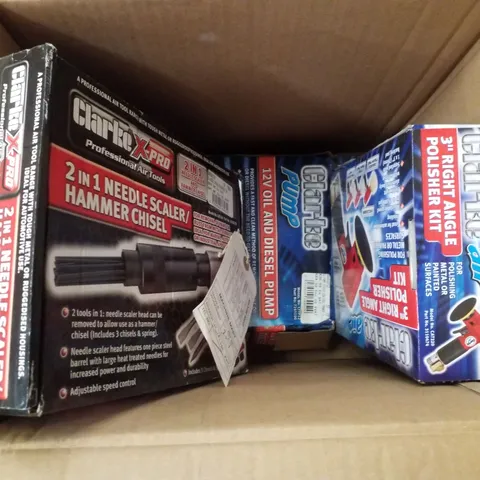 BOX CONTAINING 3 SCRAP ITEMS INCLUDING AIR NEEDLE SCALER/HAMMER CHISEL, 3" RIGHT ANGLE POLISHER KIT & 12V OIL AND DIESEL PUMP
