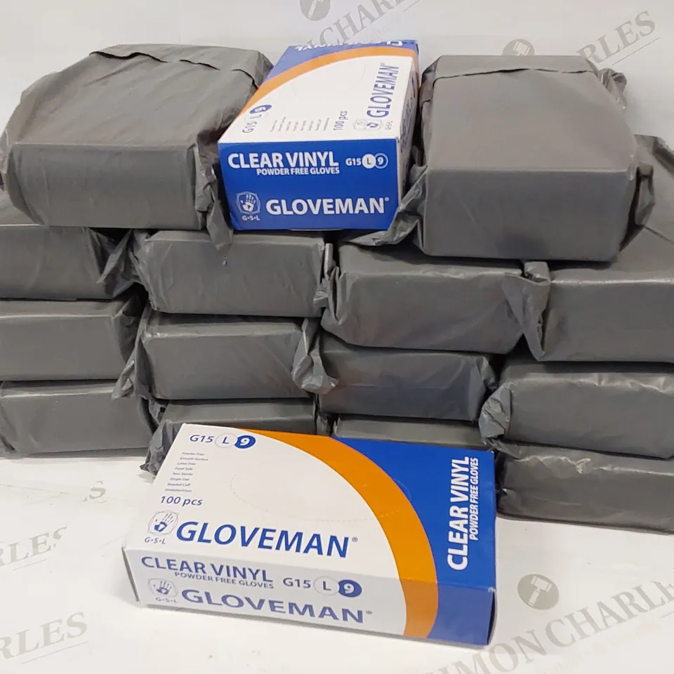 16 PACKS OF BRAND NEW GLOVEMAN CLEAR VINYL POWDER-FREE GLOVES 
