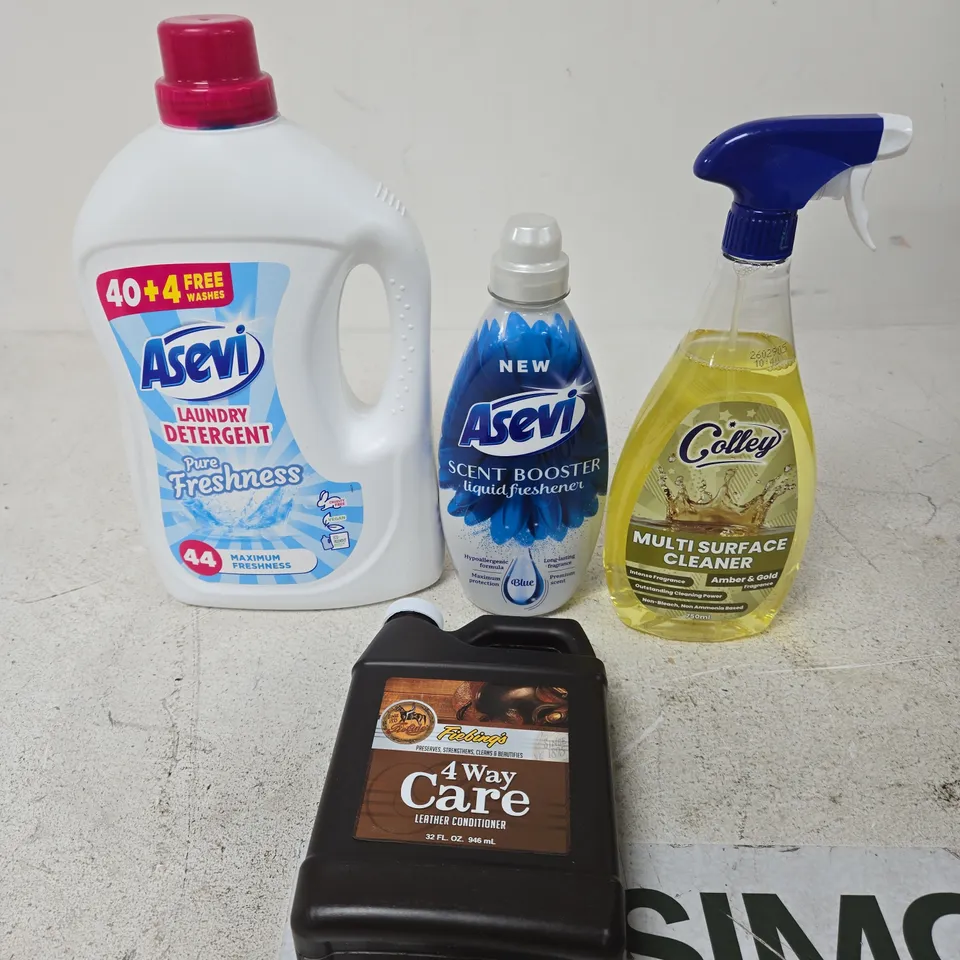 APPROXIMATELY 8 ASSORTED HOUSEHOLD PRODUCTS TO INCLUDE LAUNDRY DETERGENT, SURFACE CLEANER, LEATHER CONDITIONER ETC