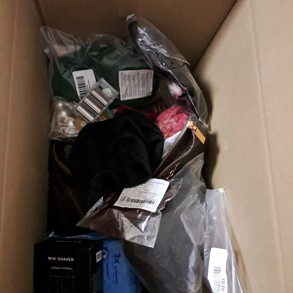 BOX OF APPROXIMATELY 20 ASSORTED COSMETIC ITEMS TO INCLUDE - WIGS - PERIOD PADS - HAIR ACCESSORIES - ETC