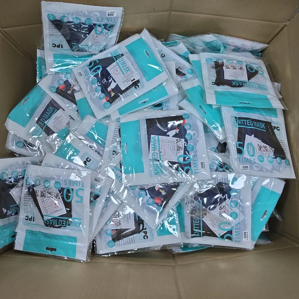 APPROXIMATELY 200 ASSORTED KNITTED FACE MASKS – REUSABLE, ANTIBACTERIAL FABRIC, 50 USES PER MASK