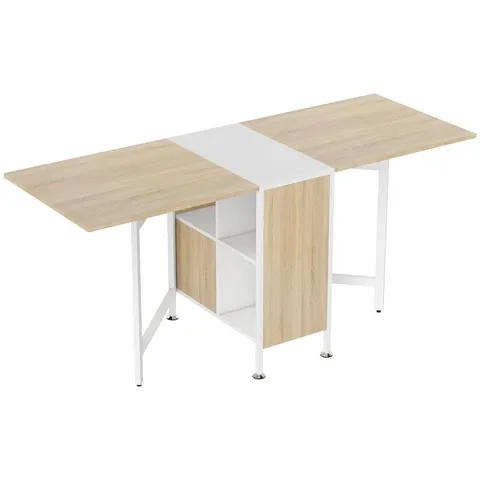 BOXED HOMCOM FOLDABLE DROP LEAF DINING TABLE FOLDING WORKSTATION FOR SMALL SPACE WITH STORAGE SHELVES CUBES OAK & WHITE