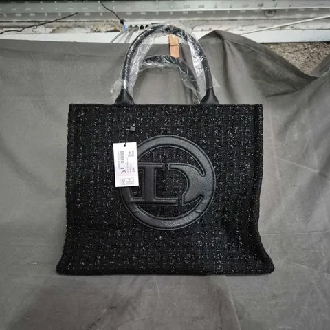 DUNE LONDON HANDBAG – BLACK TEXTURED TOTE WITH LOGO, ONE SIZE