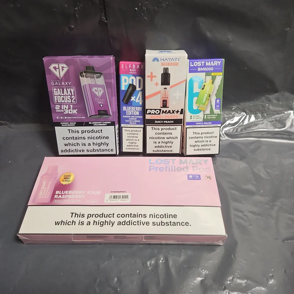LOT OF APPROXIMATELY 20 ASSORTED ELECTRONIC CIGARETTE ITEMS TO INCLUDE HAYATI PRO MAX WITH PODS, ELFBAR 4-IN-1 PODS AND LOST MARY REFILLED PODS
