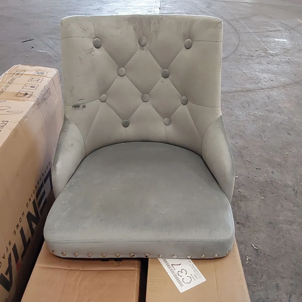 BRAND NEW BOXED DESIGNER GREY VELVET CHAIR WITH CHROME LEGS (1 BOX)