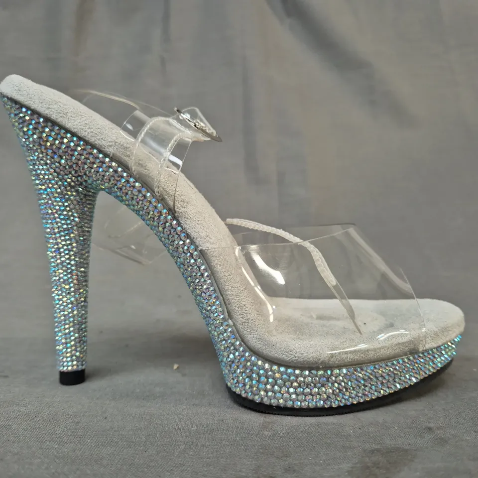 BOXED PAIR OF FABULICIOUS CLEAR STRAP PEEP TOE MULTICOLOURED DIAMANTE STYLE HEELS UK SIZE 5