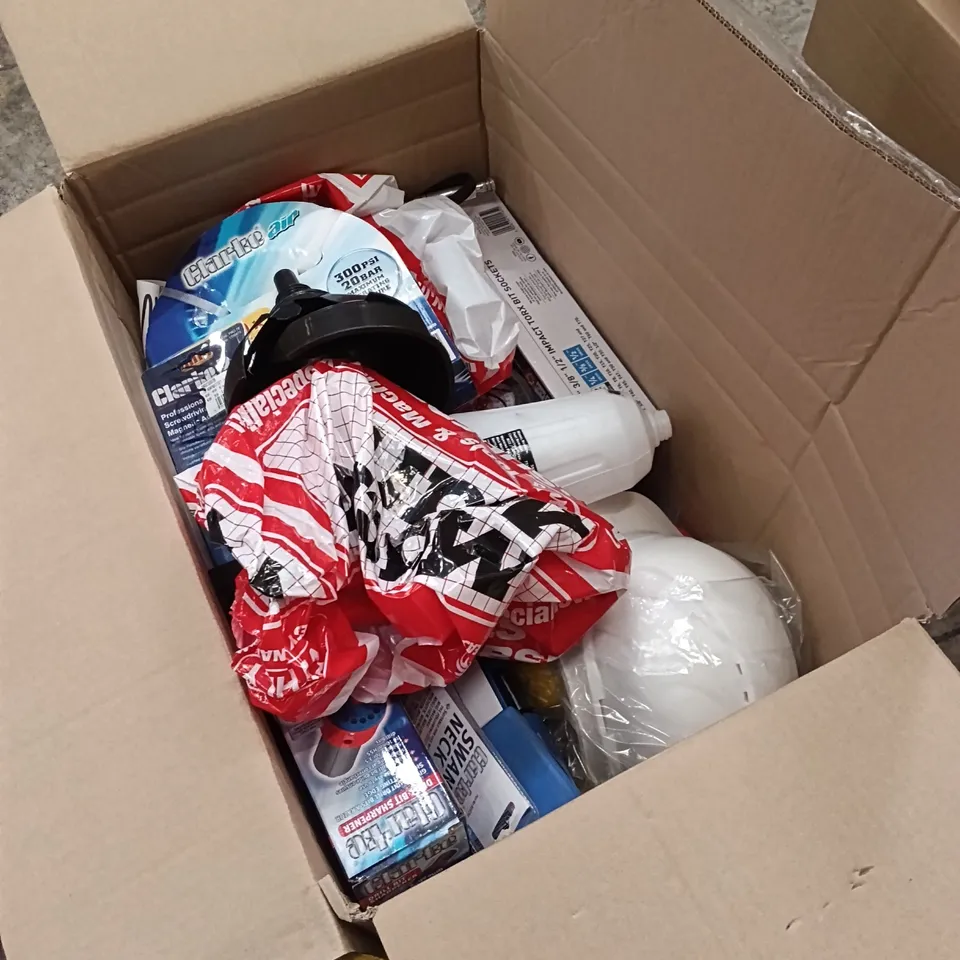 BOX OF ASSORTED PARTS AND DIY TOOLS TO INCLUDE HELMETS, HOSES, SOCKET SETS ETC. (1 BOX)