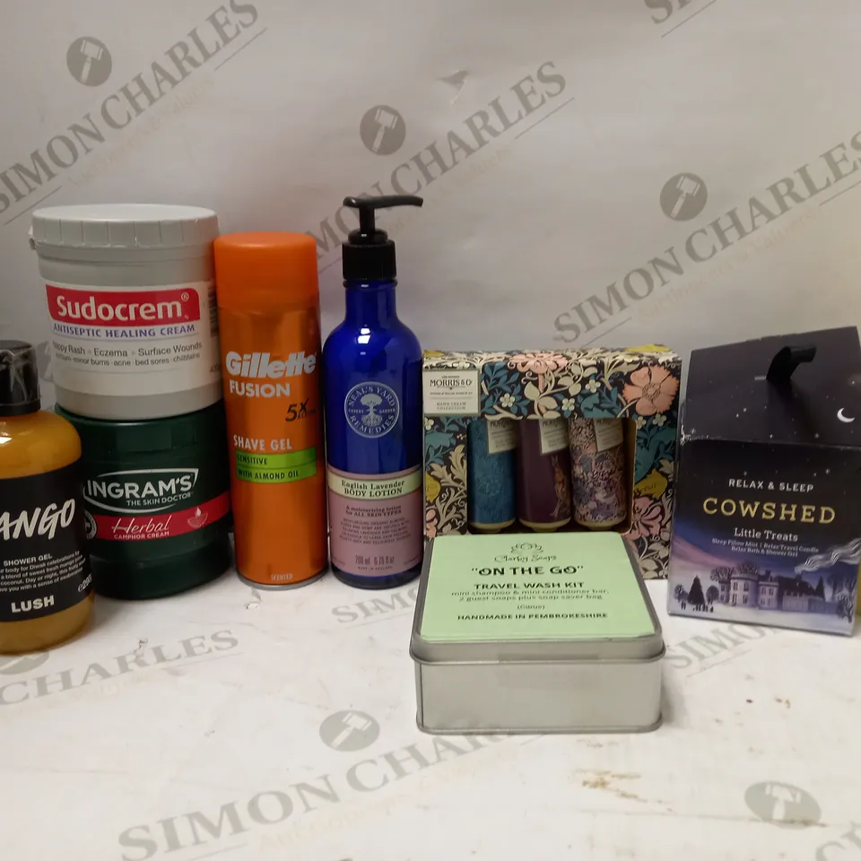 LOT OF APPROX 12 ASSORTED BEAUTY PRODUCTS TO INCLUDE VASELINE BODY LOTION, GILLETTE SHAVE GEL, LUSH MANGO SHOWER GEL, ETC