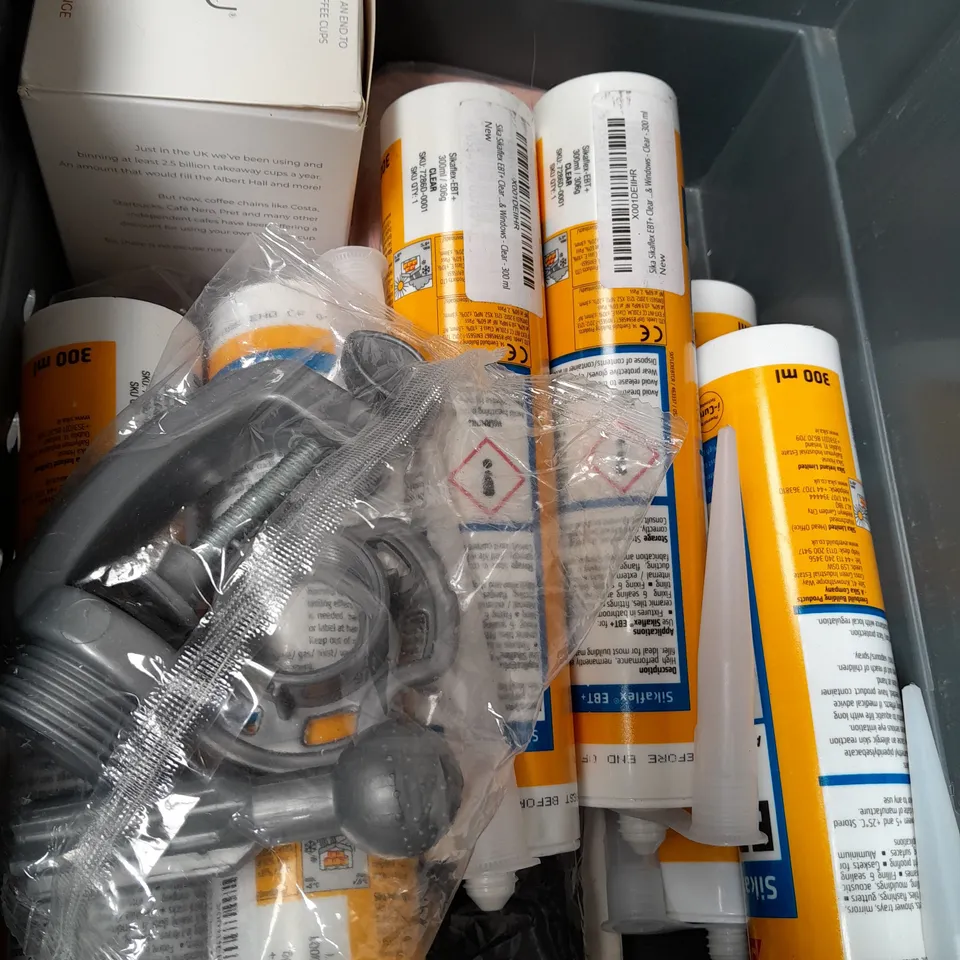 BOX OF ASSORTED HOUSE HOLD ITEMS TO INCLUDE DRILL SHOWER HOES AND SIKA FLEX 